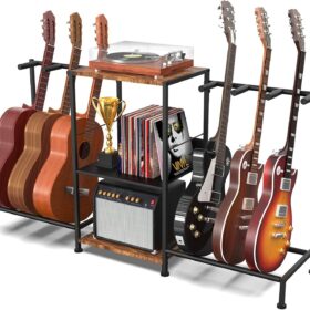 Multi-Instrument Guitar Stand with 3-Tier Storage Shelf – Holds 6 Guitars, Basses, Ukuleles & Banjos – Padded Display Rack for Studio & Home