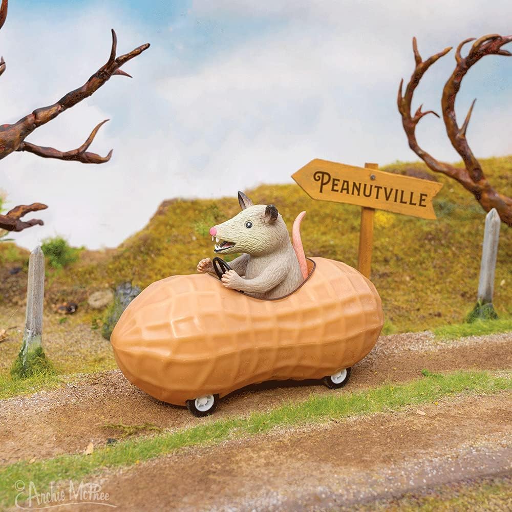 Archie McPhee Possum in a Peanut Pull-Back Toy Car - Novelty 5" Vinyl Vehicle for Kids & Collectors