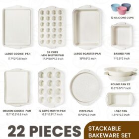 Kikcoin 22-Piece Nonstick Bakeware Set – Stackable Carbon Steel Baking Pans with Silicone Handles, Oven Safe 450°F, Includes Cookie Sheets, Cake Pans, Muffin Tins & Loaf Pan