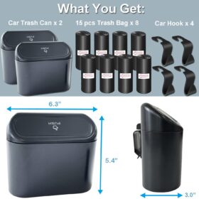 KITBEST Car Trash Can with Lid (2-Pack) – Mini Portable Garbage Bin for Auto, Truck, & Office – Includes 120 Bags & 4 Hooks