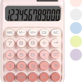 Mechanical Switch Calculator, Cute Pink 12-Digit Desktop Calculator with Large LCD Display, Solar & Battery Dual Power, Typewriter Style Big Buttons for Office, School & Home
