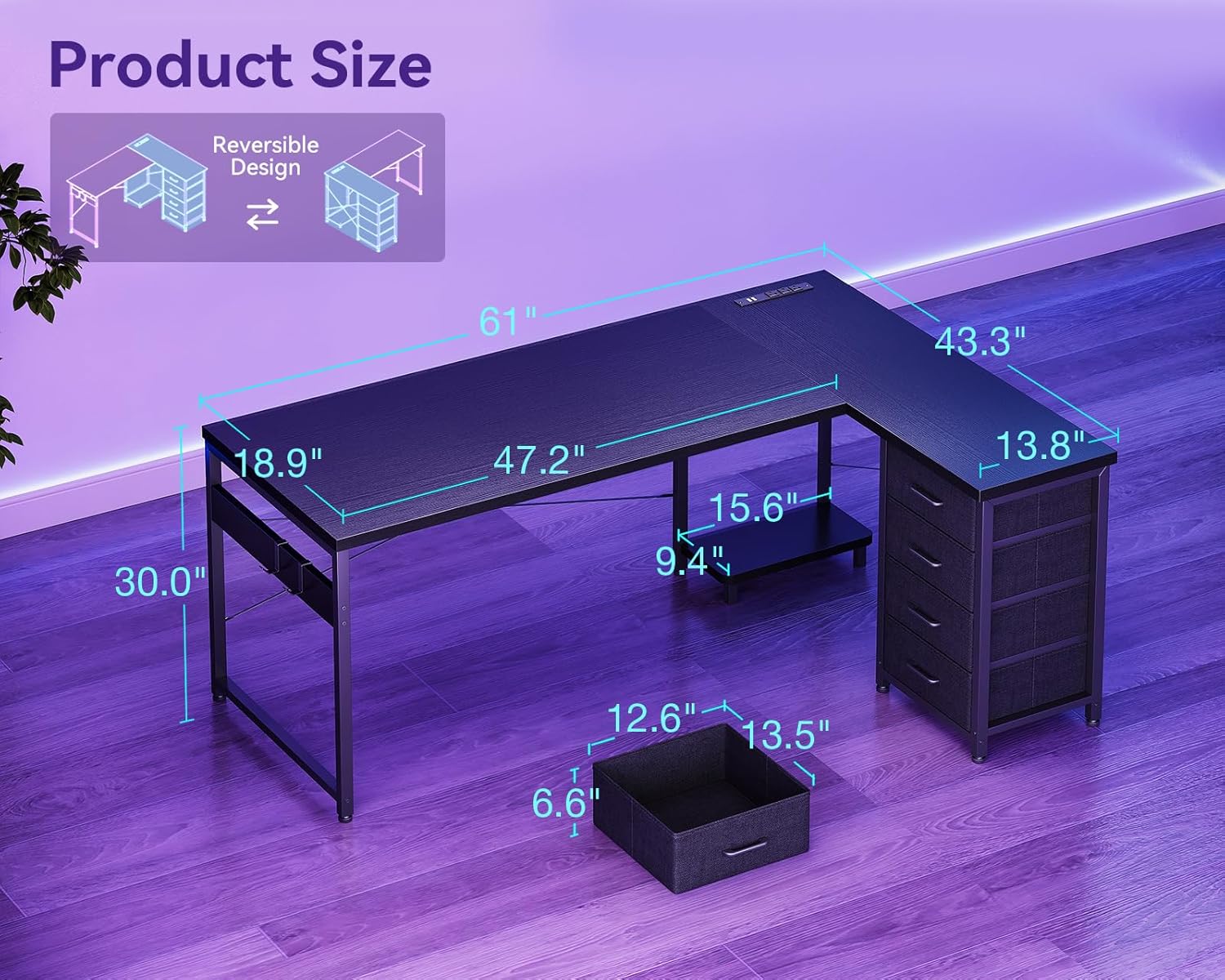 AODK L Shaped Gaming Desk with Power Outlets & USB Ports – 61" Reversible Corner Computer Desk with 4 Drawers & CPU Stand, Black Home Office Workstation