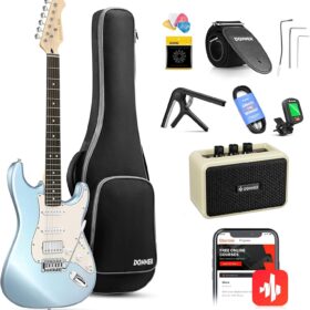 Donner DST-152R Beginner Electric Guitar Kit – 39-Inch Full Size with HSS Pickups, Coil Split, Amp, Bag & Accessories – Metallic Ice Blue