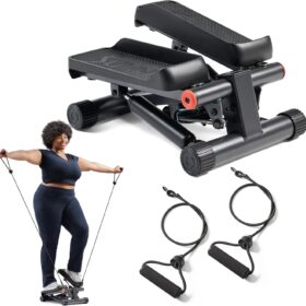 Sunny Health & Fitness Mini Stepper with Resistance Bands - Compact Stair Stepper Machine for Home Cardio, Twist Action, LCD Monitor & 300lb Capacity