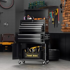 Crownland 8-Drawer Rolling Tool Chest with Wheels – Lockable 2-in-1 Detachable Steel Storage Cabinet with Drawer Liners & Side Hooks, Black