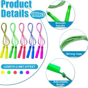Honoson 100-Pack Rainbow Jump Ropes – 7.8ft Adjustable Nylon Skippers with Handles – Bulk Party Favors, Classroom Rewards, and Outdoor Fitness Fun for Kids