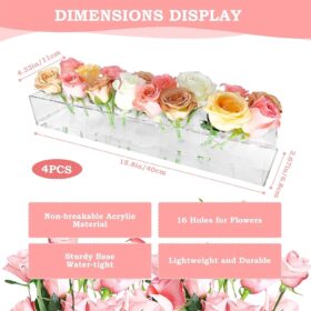 4-Piece Clear Acrylic Flower Vase Set – 64-Hole Rectangular Floral Centerpiece with Lid – Modern Decorative Arrangement Box for Weddings, Home, and Events
