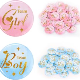 Gender Reveal Pins - 60Pcs Team Boy or Girl Button Badges for Baby Shower Party Games & Decorations (1.75 Inch)