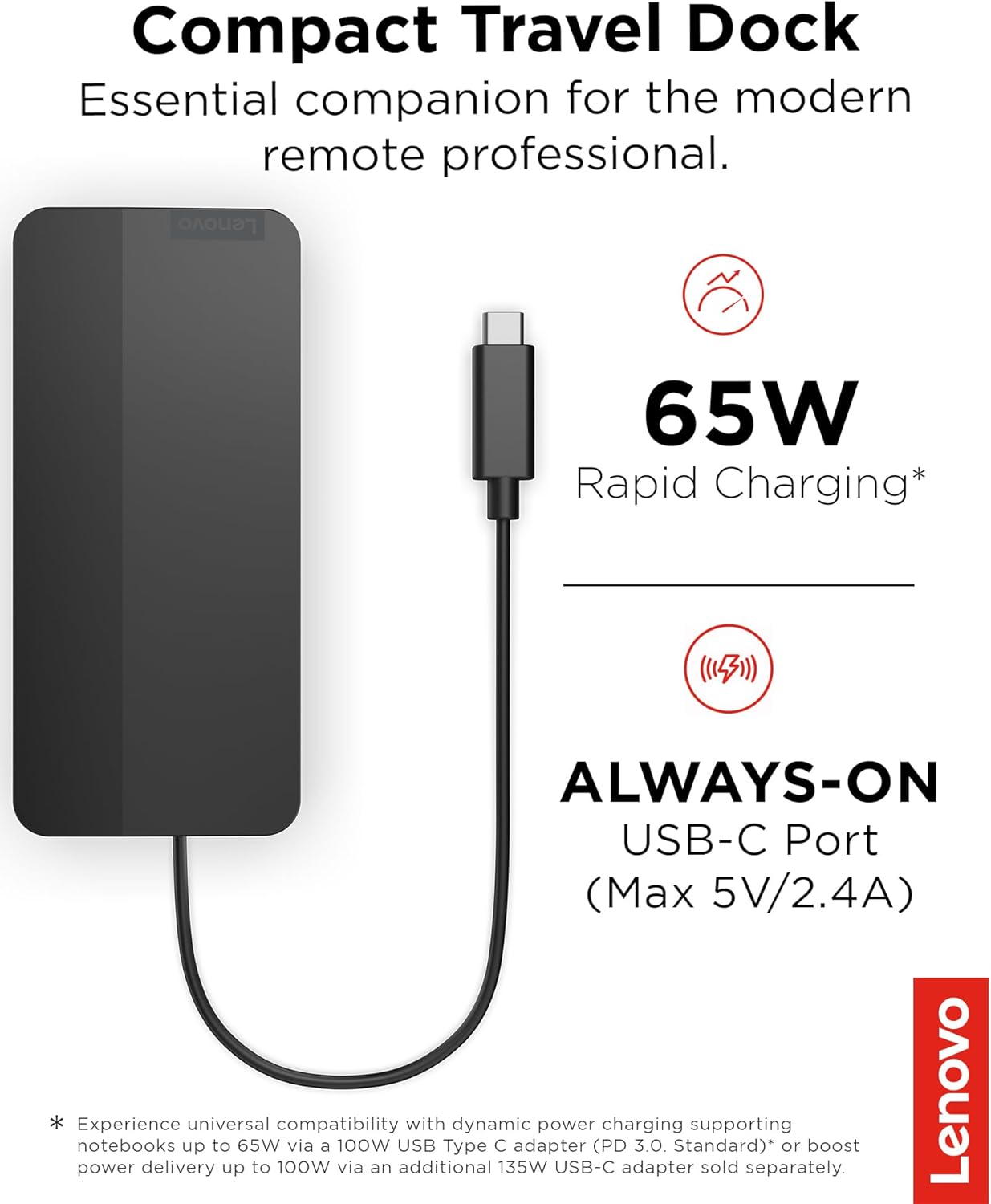 Lenovo USB-C Dual Display Travel Dock with Power Delivery – 7-in-1 Portable Hub, 4K Resolution Support, Integrated Cable (Black)