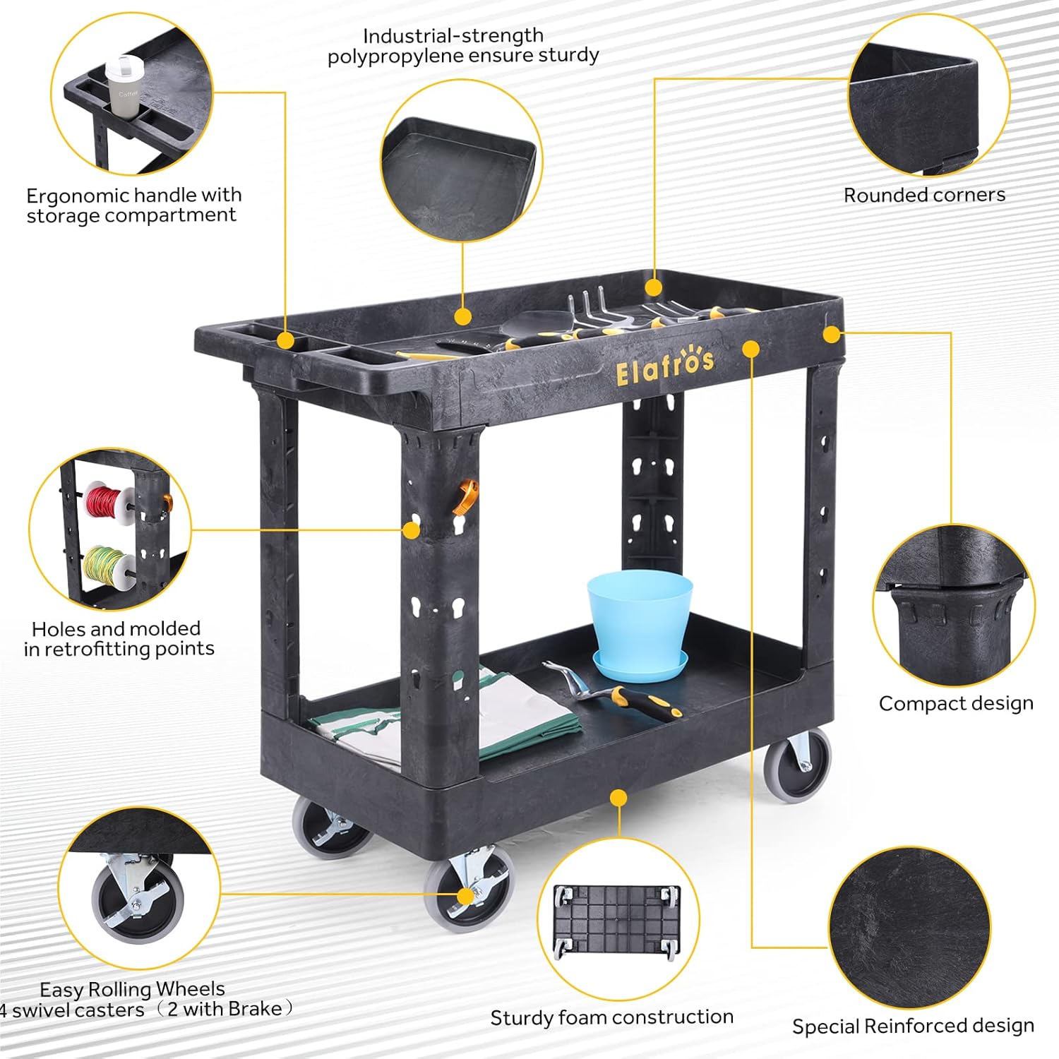 ELAFROS 550 lb Capacity Heavy-Duty Utility Cart with Deep Tub Shelves - 2-Tier Rolling Service Cart on 5" Swivel Casters for Garage, Warehouse, and Janitorial Use