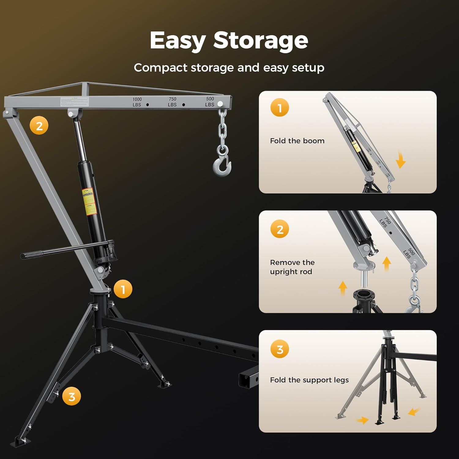 VEVOR 1000Lbs Hydraulic Pickup Truck Crane – 360° Swivel Receiver Hitch Hoist with 8T Pump & 3-Stage Boom for Construction, Farming, and Logging