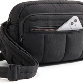 BAGSMART Quilted Anti-Theft Crossbody Bag for Women – RFID Blocking Travel Purse with Water Bottle Pocket, Lightweight Water Resistant Shoulder Handbag (Black, Medium)