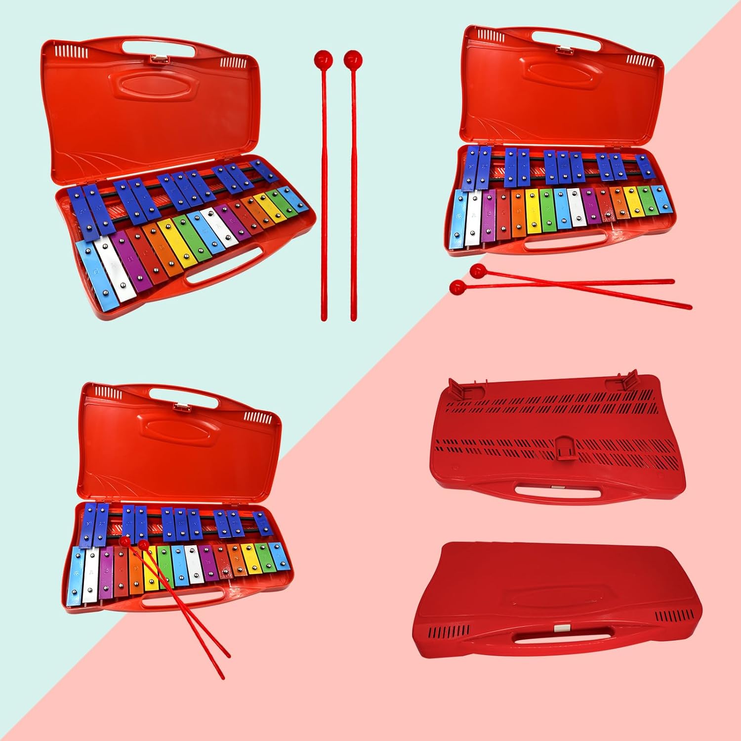 Soulmate 25-Note Glockenspiel Xylophone – Professional Percussion Instrument with 2 Full Octaves, Color-Coded Metal Keys, and Portable Case – Ideal Music Teaching Toy for Kids & Beginners (Red)