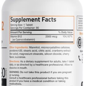 Vitamin B12 2500mcg Sublingual Tablets - Fast Dissolve Cherry Flavored Energy Support - 90 Count