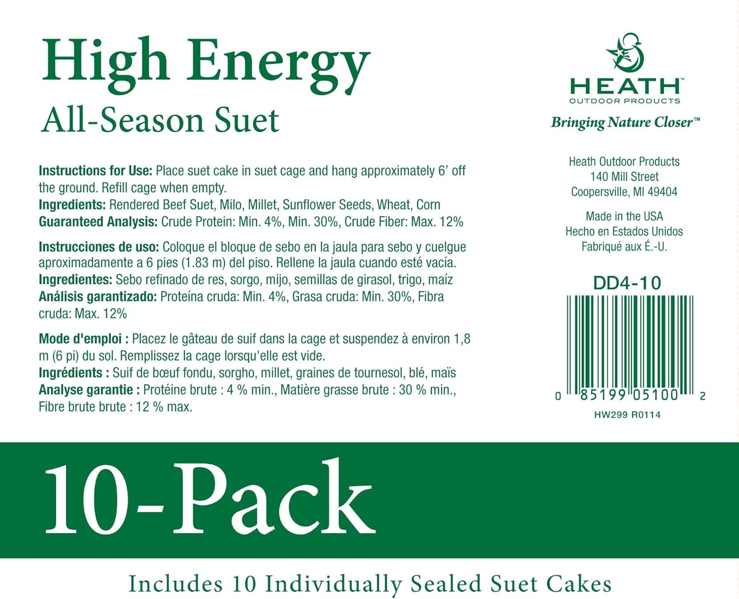 Heath Outdoor Products DD4-10 All-Season No-Melt High Energy Wild Bird Suet Cakes - Value 10 Pack