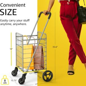 VersaHaul Heavy-Duty Folding Shopping Utility Cart with 360° Swivel Wheels - Lightweight, Collapsible Grocery & Laundry Cart - Silver