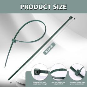 200-Pack 8 Inch Green Cable Ties, Heavy Duty Nylon Zip Ties for Gardening, 45 LB Tensile Strength, Weather Resistant Outdoor Wire Ties for Plants and Securing