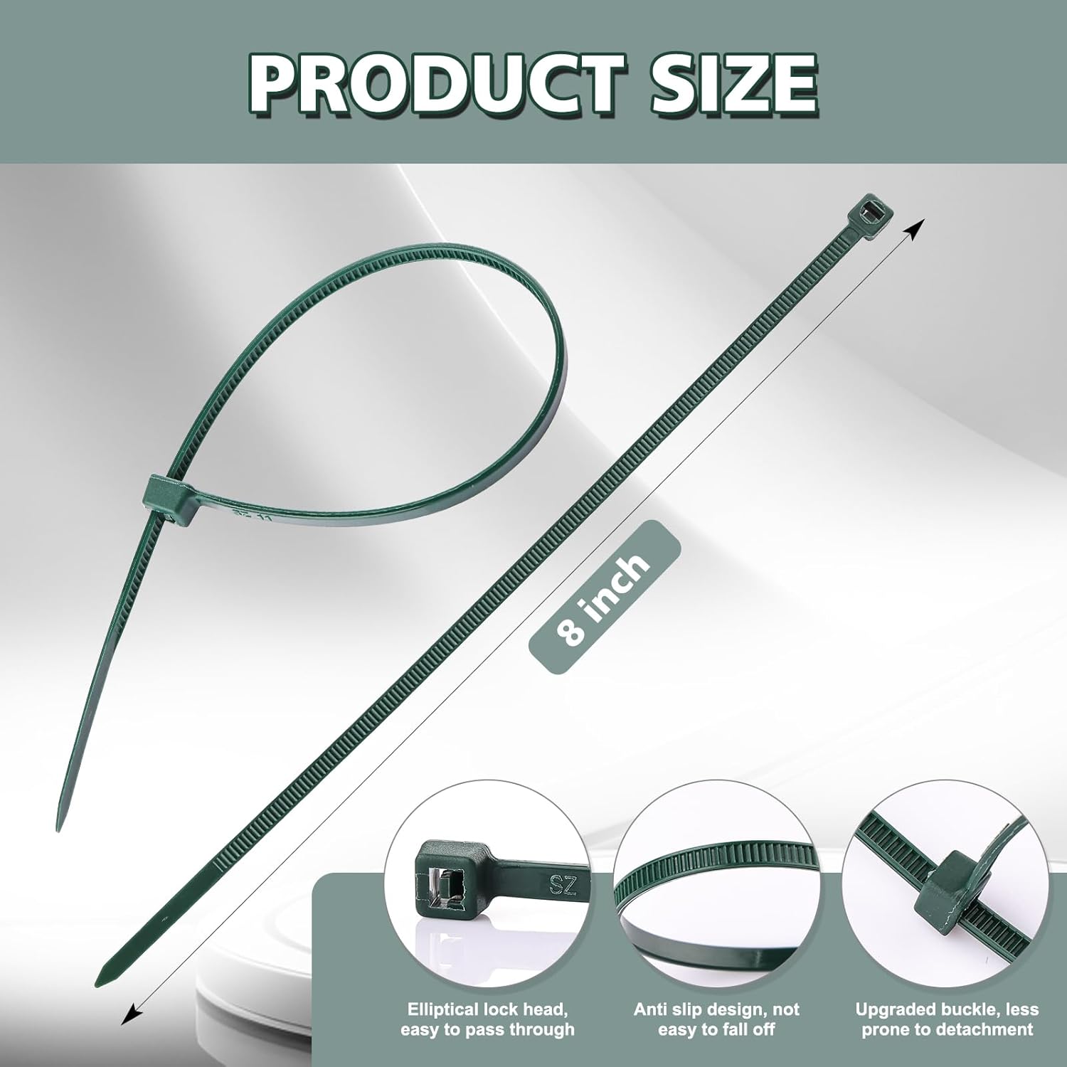 200-Pack 8 Inch Green Cable Ties, Heavy Duty Nylon Zip Ties for Gardening, 45 LB Tensile Strength, Weather Resistant Outdoor Wire Ties for Plants and Securing