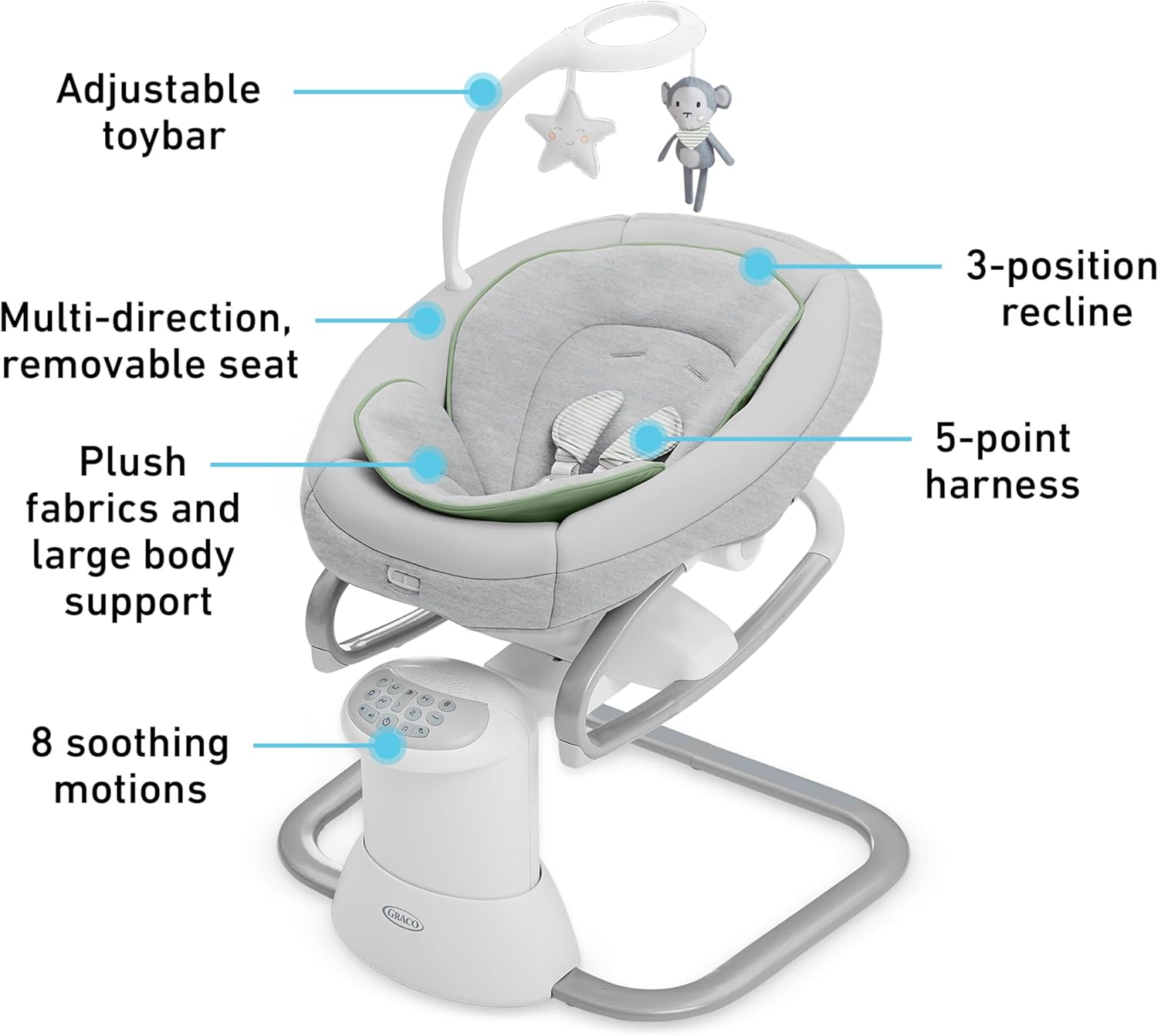Graco Soothe 'n Calm Baby Swing with Removable Rocker - 8 Motion Directions, Portable Seat & Soothing Sounds