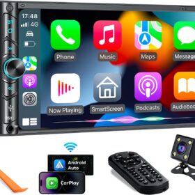 7 Inch Double Din Car Stereo with Wireless Apple CarPlay & Android Auto - 1080P HD Touchscreen, Bluetooth, Backup Camera, Subwoofer Support, & Mirror Link - Universal In-Dash Car Radio Receiver