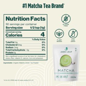 Jade Leaf Premium Ceremonial Grade Matcha Green Tea Powder – 100% Organic Japanese Latte & Barista Blend – 50g Resealable Pouch (1.76 oz)