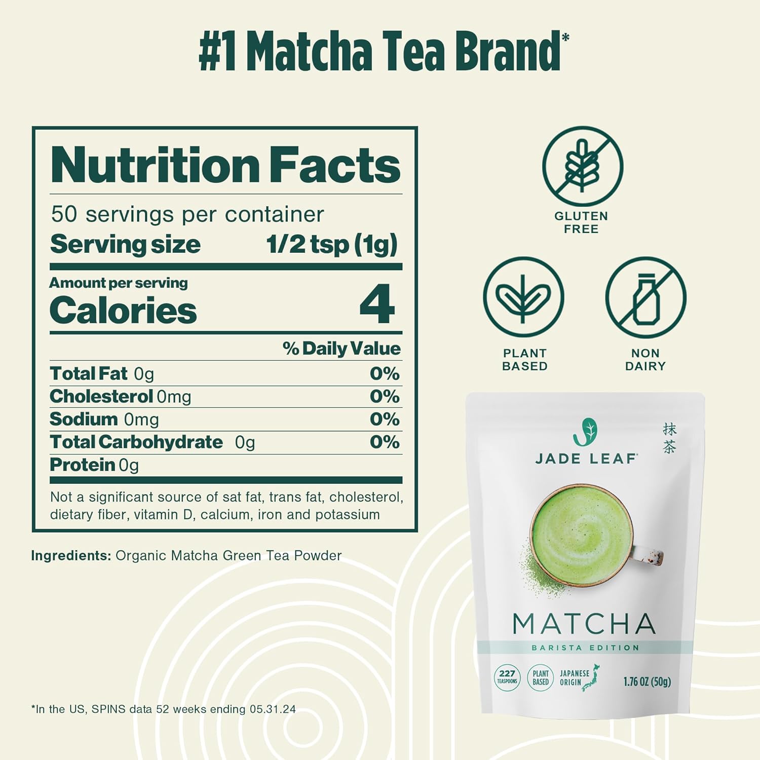 Jade Leaf Premium Ceremonial Grade Matcha Green Tea Powder – 100% Organic Japanese Latte & Barista Blend – 50g Resealable Pouch (1.76 oz)