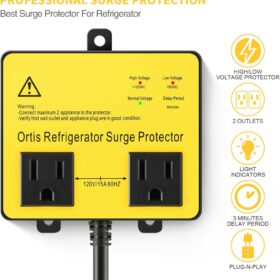 Ortis Refrigerator Surge Protector with Time Delay – Dual Outlet Voltage Monitor for Fridges, Freezers, and Home Appliances – Defends Against Spikes, Brownouts, and Voltage Fluctuations