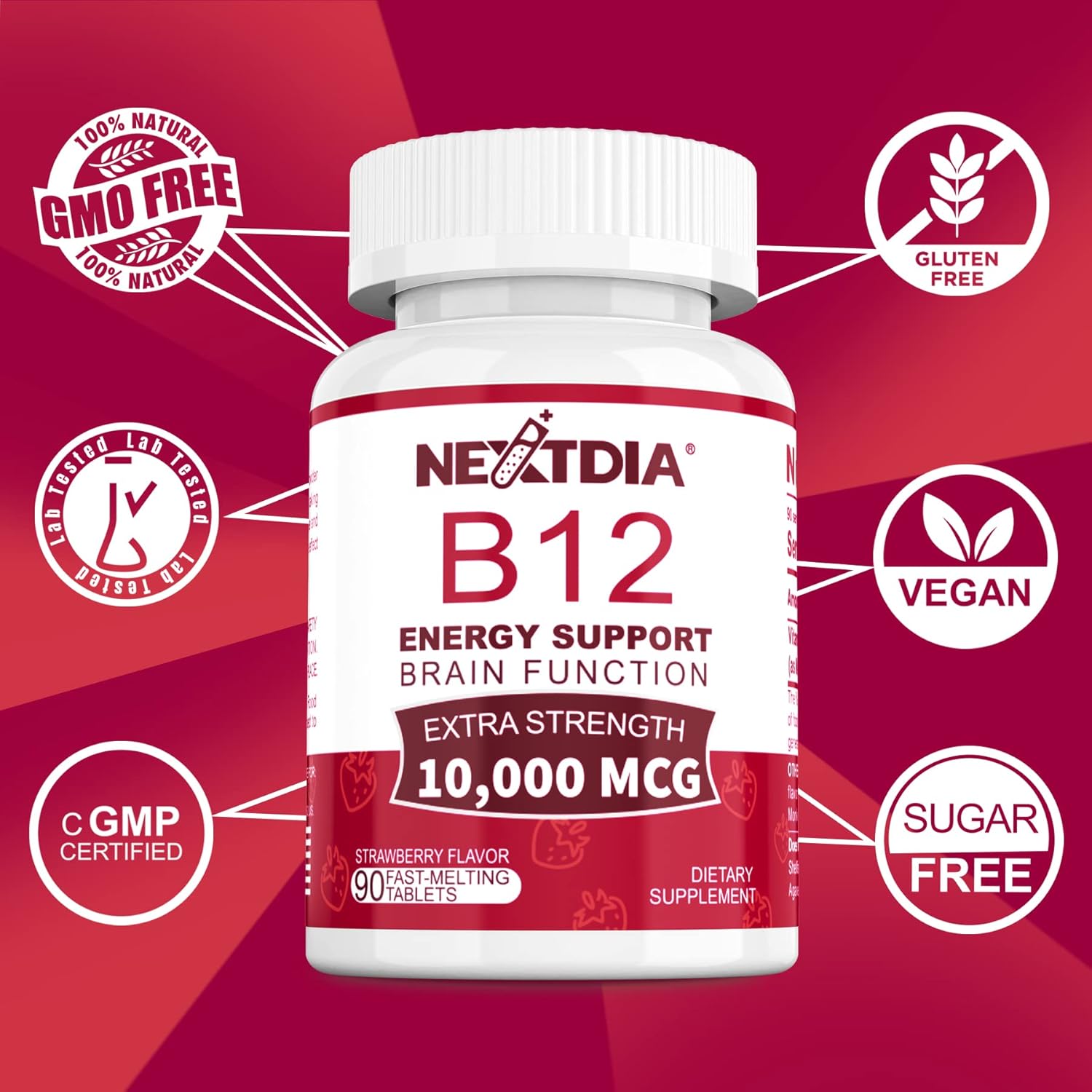Methylcobalamin B12 10,000 mcg - 180 Count Sublingual Tablets - 6 Month Supply - Supports Energy, Metabolism & Cognitive Function - Vegan, Non-GMO, Natural Strawberry Flavor