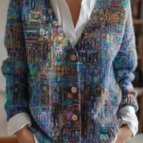 Women's Vintage Floral Knit Cardigan - Oversized V Neck Button Down Chunky Sweater