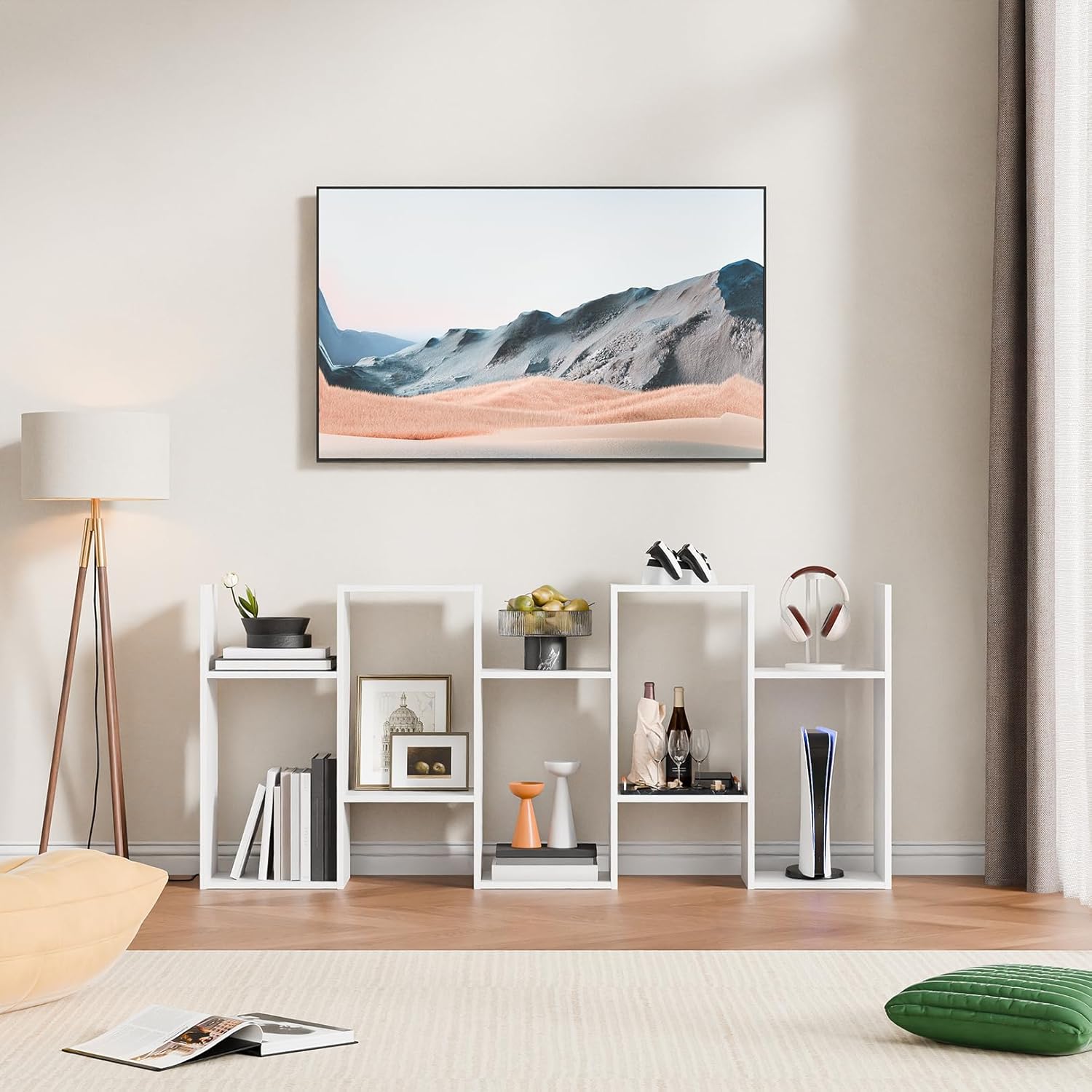 Cozy Castle Set of 2 S-Shaped Geometric Bookcases – 62 inch Tall Modern Bookshelf, 5-Tier Open Display Rack and Room Divider for Home Office, White