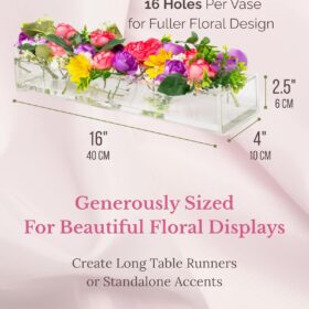 4-Piece Set Clear Acrylic Rectangle Vases – 16-Inch Floral Centerpieces with Lids & Pruning Shears for Weddings, Events, & Home Dining Table Décor
