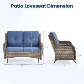 Bellefurni 50-Inch Outdoor Glider Loveseat - All-Weather Wicker Patio Sofa with Thick Olefin Cushions, Ergonomic Design & Curved Armrests - Grey Wicker with Blue Cushion