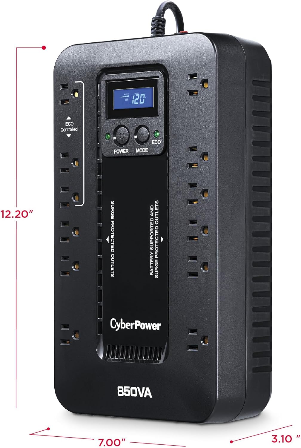 CyberPower EC850LCD Ecologic UPS Battery Backup & Surge Protector (850VA/510W) – 12 Outlets, AVR, LCD Display, and ECO Mode