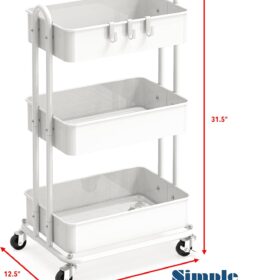 Simple Houseware 3-Tier Heavy-Duty Rolling Utility Cart - Metal Wire Storage Organizer with Lockable Wheels, White