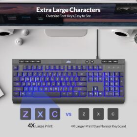 Rii RK900Pro Backlit Large Print Keyboard – Ergonomic Wired USB Keyboard with High-Visibility Characters, Adjustable Blue LED, Full-Size 113-Key Layout for Windows, Mac, and Linux