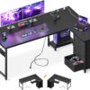 AODK L Shaped Gaming Desk with Power Outlets & USB Ports – 61" Reversible Corner Computer Desk with 4 Drawers & CPU Stand, Black Home Office Workstation