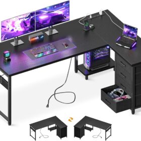 AODK L Shaped Gaming Desk with Power Outlets & USB Ports – 61" Reversible Corner Computer Desk with 4 Drawers & CPU Stand, Black Home Office Workstation