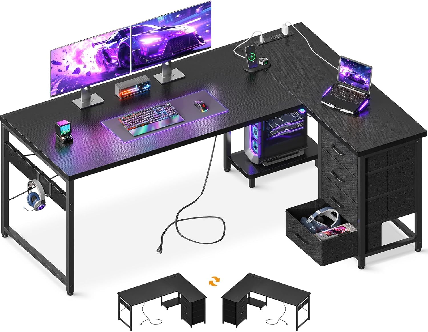 AODK L Shaped Gaming Desk with Power Outlets & USB Ports – 61" Reversible Corner Computer Desk with 4 Drawers & CPU Stand, Black Home Office Workstation