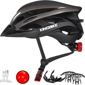 KINGBIKE Adult Bike Helmet with USB Rechargeable Tail Light - Lightweight CPSC Certified Cycling Helmet for Men and Women, Adjustable Fit with Visor and Removable Padding