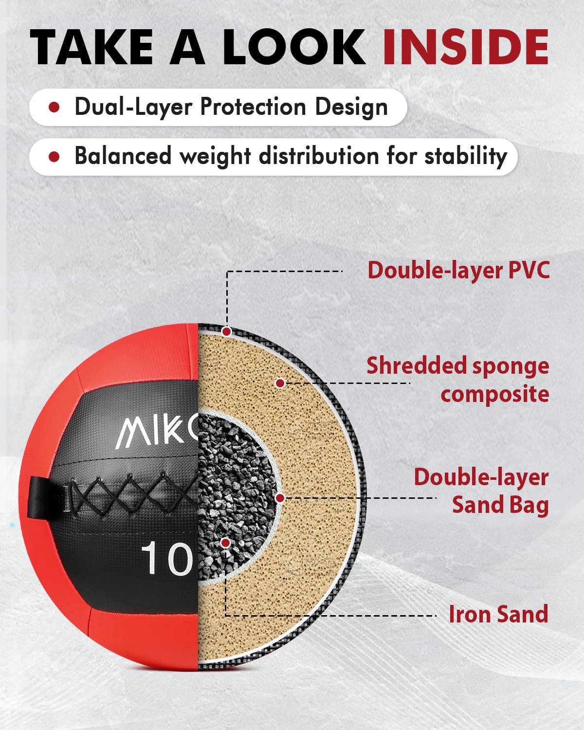MIKOLO Slam Ball – Soft Shell Medicine Ball with Grip Loop for Wall Ball Shots, Core Training, and CrossFit (Available in 10, 15, 20, 25 lbs)