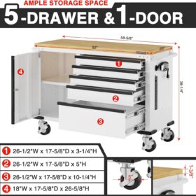 WORKPRO 52-Inch Heavy Duty Rolling Tool Chest with Power Strip – 5-Drawer Garage Cabinet, Locking Mobile Workbench with Wheels & Solid Wood Top (1000 lbs Capacity)