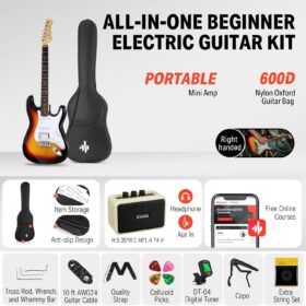Donner DST-100S Full Size Electric Guitar Starter Kit – 39 Inch Solid Body with HSS Pickups, Amp, Bag, Tuner, and Accessories – Sunburst