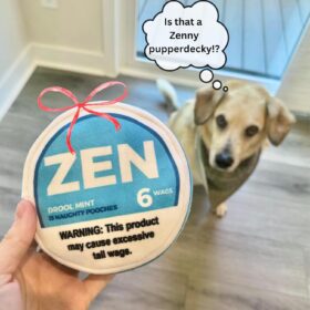 Nestpark Zen Pupper 'Deckies' Parody Dog Toy - Hilarious Plush Chew with Squeaker & Crinkle - The Ultimate 'Drool Mint' Gift for Puppies & Dogs