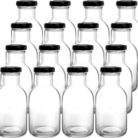 Kingrol 16-Pack 8oz Glass Bottles with Caps - Airtight, Wide Mouth Storage for Hot Sauce, Dressing, Oil & Beverages
