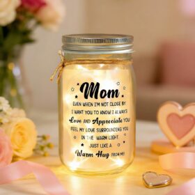 Warm Hug Mason Jar Night Light – Sentimental Gifts for Mom from Daughter or Son – Battery-Powered Starry Tabletop Decor for Birthdays, Mother’s Day & Christmas