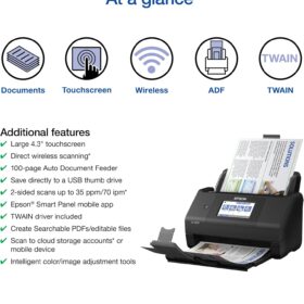 Epson WorkForce ES-580W Wireless Color Duplex Document Scanner with ADF & 4.3" Touchscreen – USB, Wi-Fi & Ethernet Compatible