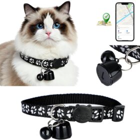 Apple Find My Compatible Cat Collar with Mini GPS Tracker – Ultra-Lightweight 0.1oz Anti-Lost Device, Adjustable 7-13in Breakaway Safety Collar, Bell Included, 48mAh Battery + Spare (iOS Only)