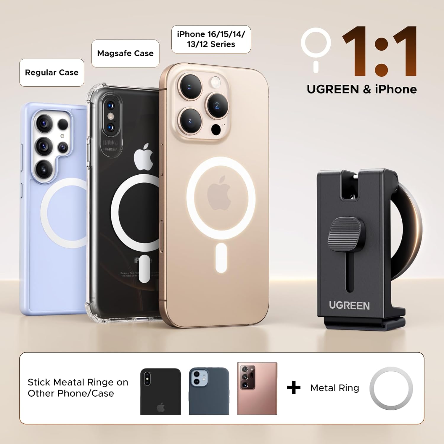 UGREEN Airplane Phone Holder for MagSafe – Travel Essentials Magnetic Phone Mount for Plane Tray Tables, Luggage Handles & Desks – 360° Rotation Compatible with iPhone 17/16/15/14/13/12