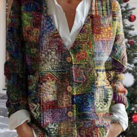 Women's 2025 Boho Oversized Cardigan – Cozy Knit Patchwork Fall Sweater with Floral & Geometric Patterns