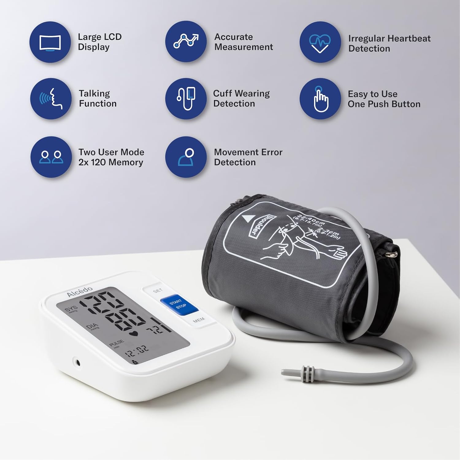Alcedo Fully Automatic Digital Blood Pressure Monitor – Talking Upper Arm BP Machine with Large LCD, Irregular Heartbeat Detection, and 2x120 Memory